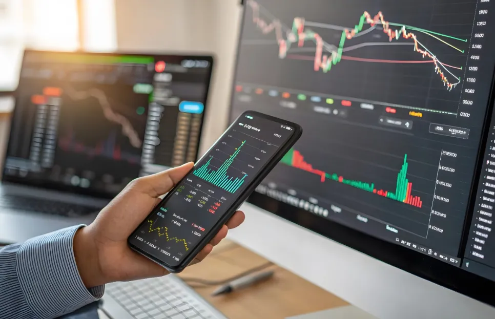 Záber na ruku držiacu smartfón s aplikáciou na obchodovanie.