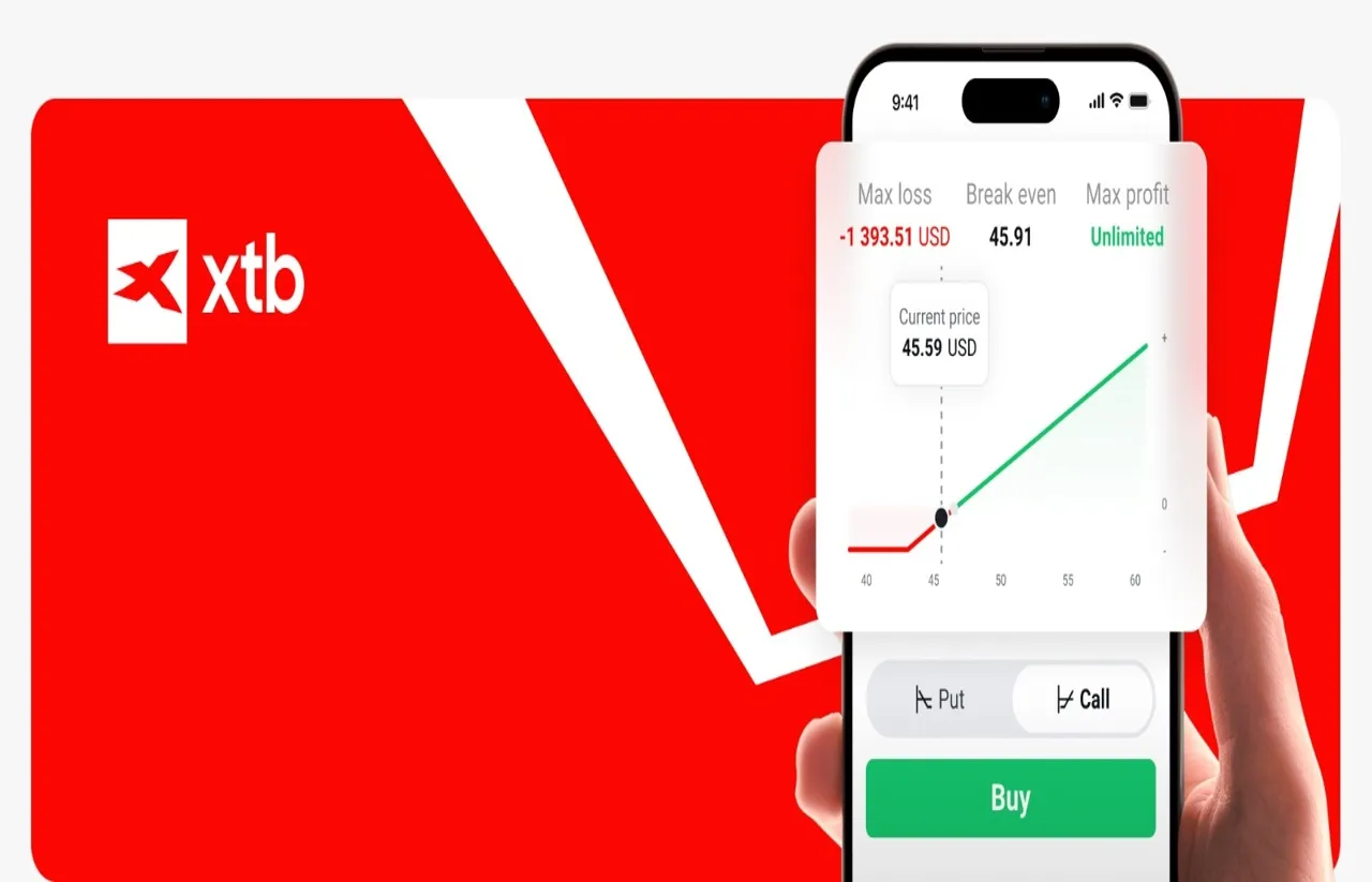 Mobilná aplikácia XTB zobrazujúca obchodovanie opcií — graf call opcie s aktuálnou cenou 45,59 USD, maximálnou stratou −1 393,51 USD a neobmedzeným ziskom