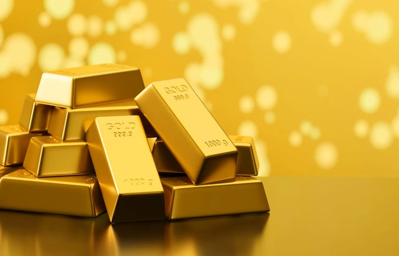 Kopa zlatých tehál s označením GOLD 999.9 a 1000 g na lesklom zlatom pozadí