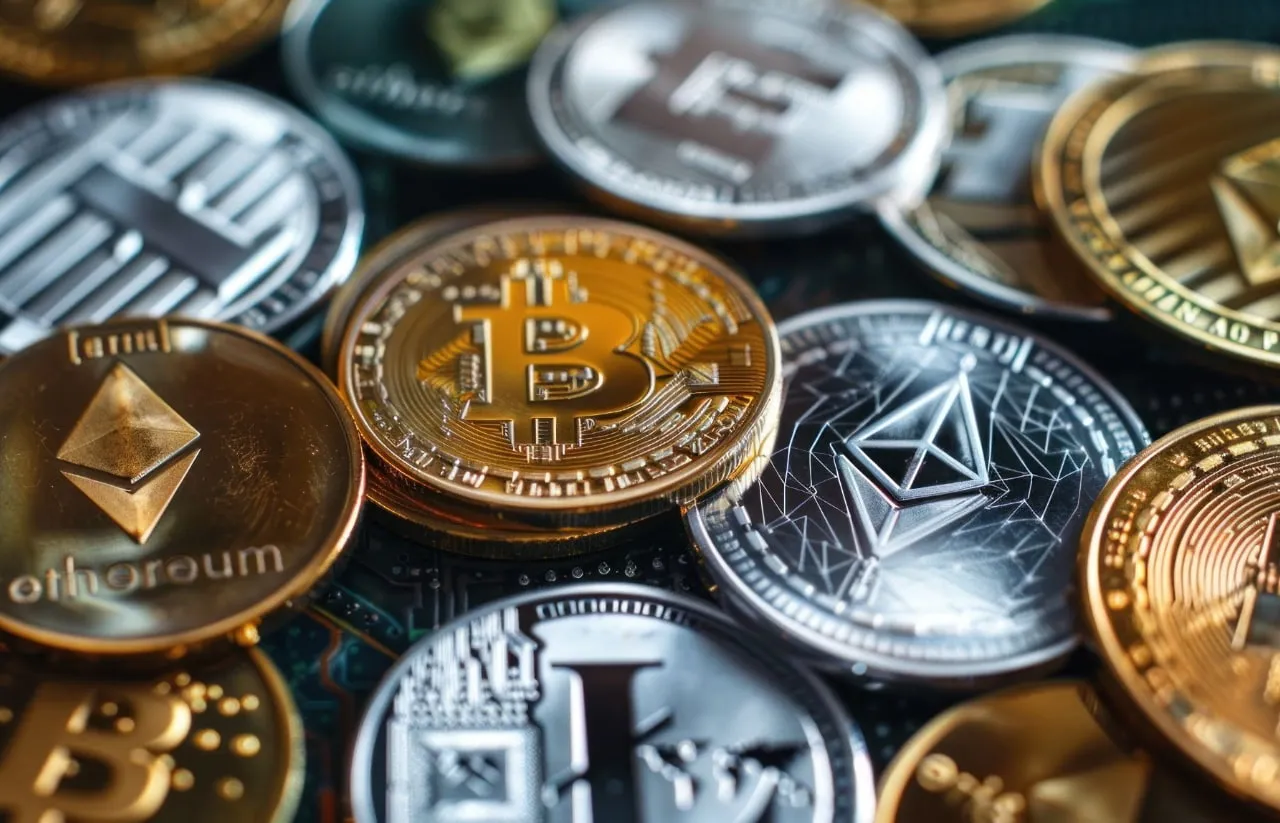 Zlatá minca Bitcoinu medzi mincami kryptomien Ethereum