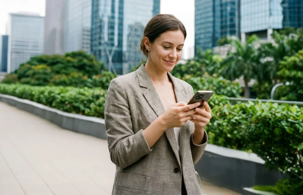 Žena kráča po chodníku v modernom meste a pozerá sa na mobilný telefón