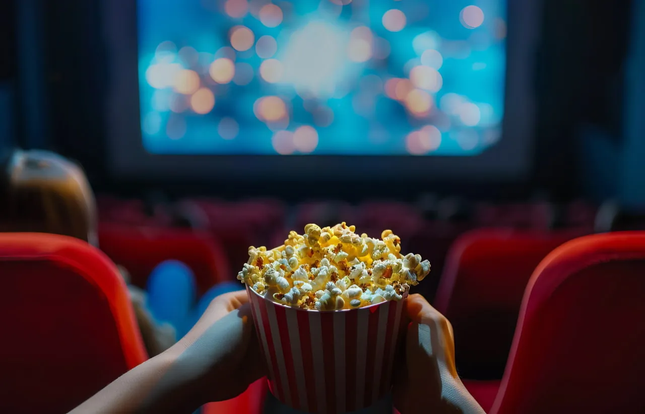 Pohľad na filmové plátno v kine s kornútkom pukancov v popredí