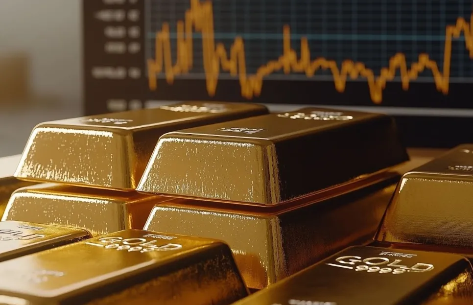 Zlaté tehly naukladané na stole, v pozadí obrazovka s grafom vývoja ceny zlata