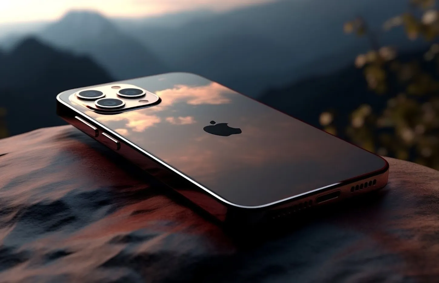 Detailný záber moderného iPhonu s trojitým fotoaparátom položeného na kameni v prírode