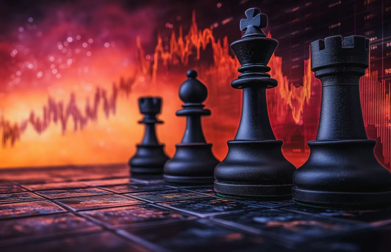 Šachové figúrky na šachovnici s grafmi akciového trhu v pozadí — symbolizujú strategické rozhodnutia v investovaní
