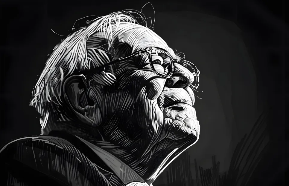 Čiernobiely portrét Warrena Buffetta