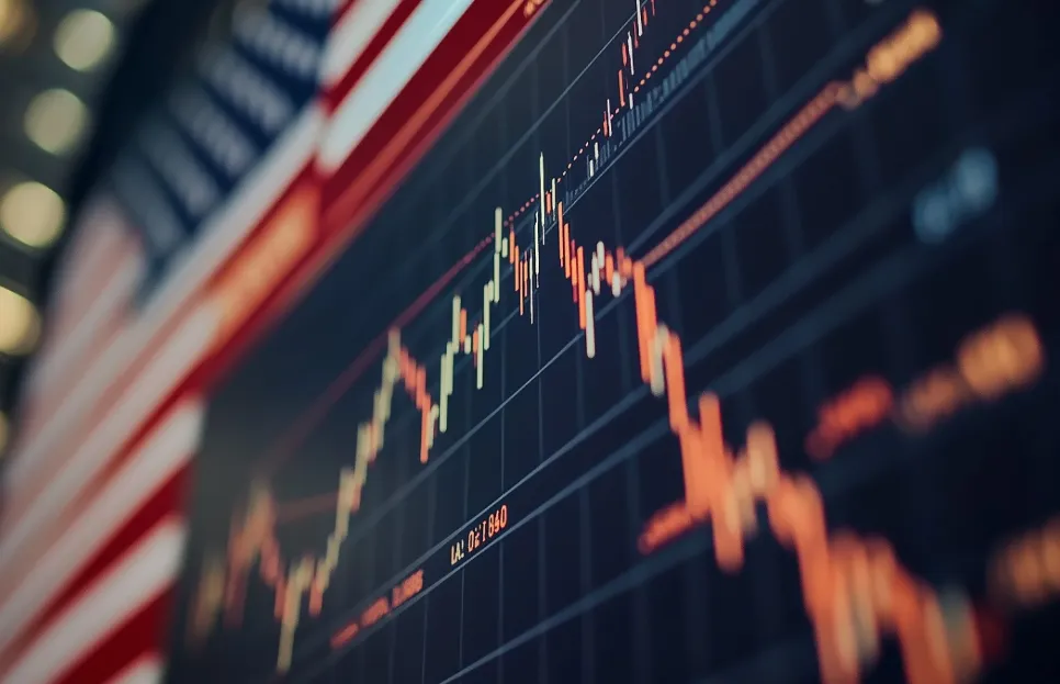 Sviečkový finančný graf s americkou vlajkou na tmavom pozadí.