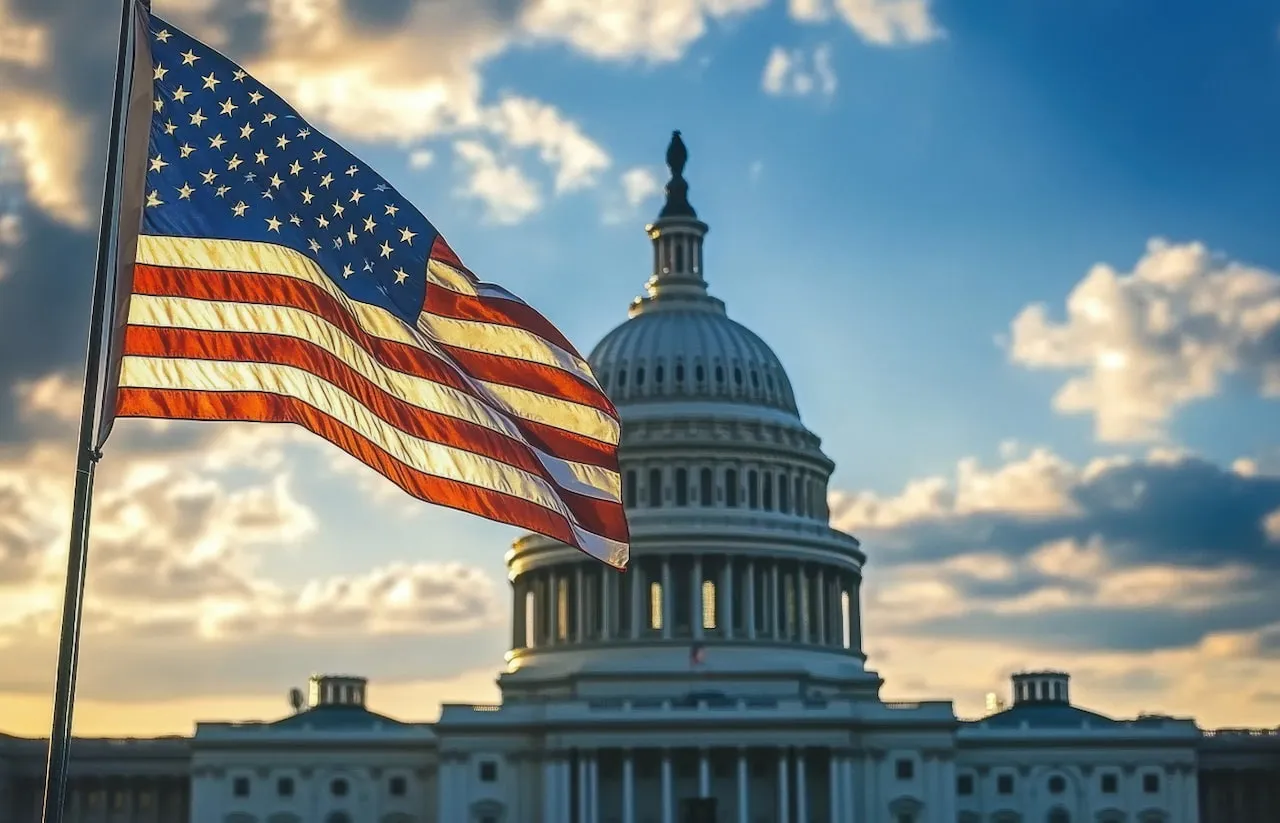 Budova amerického Kapitolu s vlajkou USA v popredí