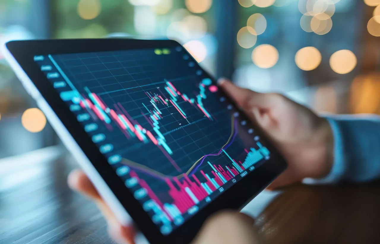 Tablet zobrazujúci finančné grafy a obchodnú platformu
