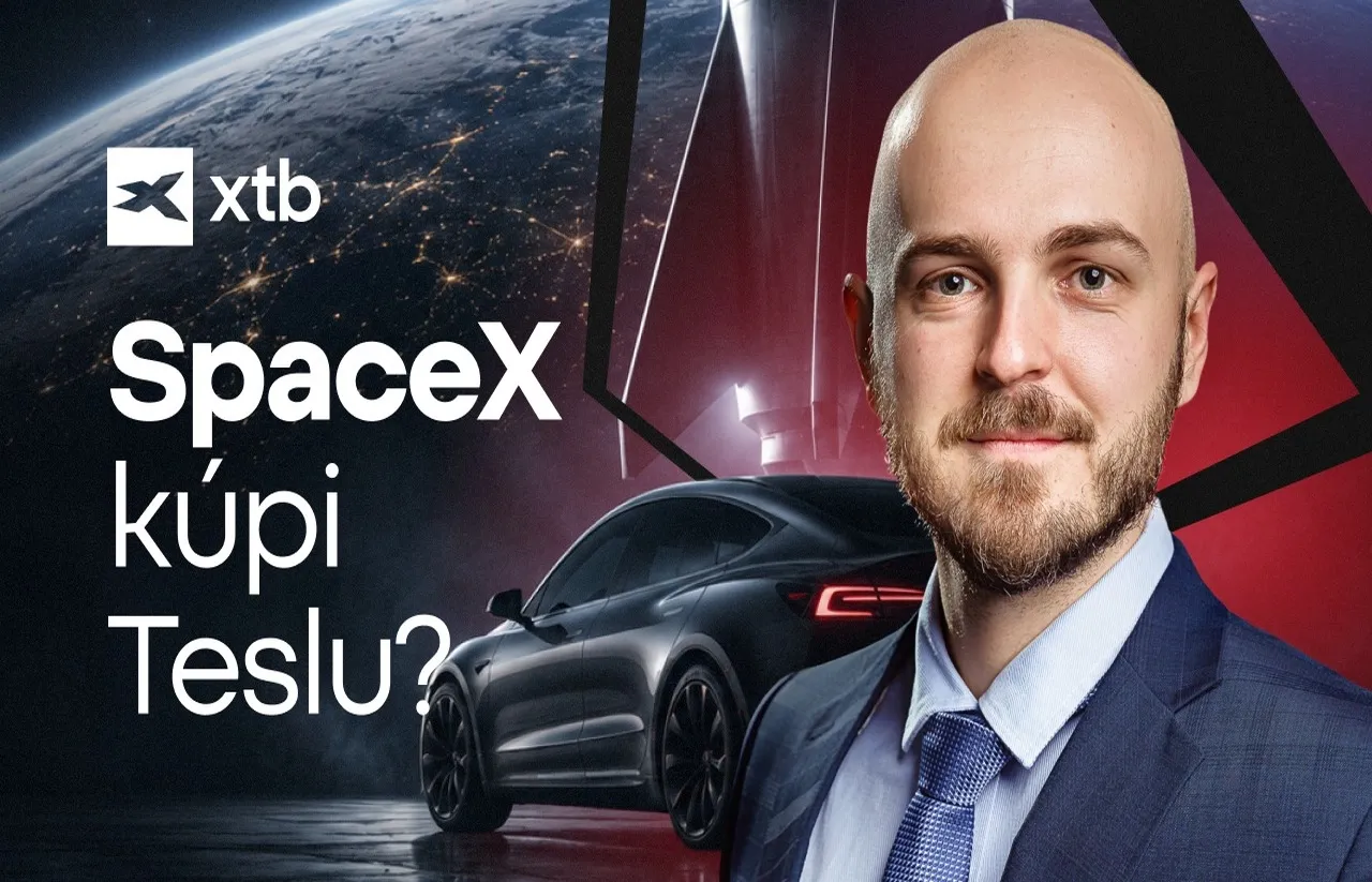 Dramatická vizualizácia možnej fúzie SpaceX a Tesla — raketa Starship a elektrické auto Tesla na pozadí vesmíru s textom „SpaceX kúpi Teslu?" a logom XTB