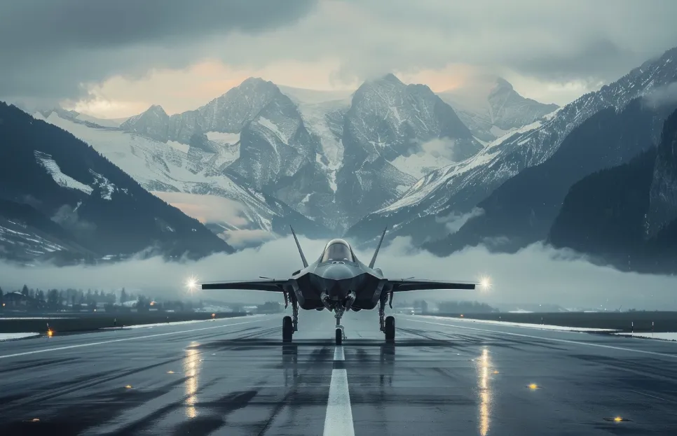 Moderná stíhačka na mokrej letiskovej dráhe so zasneženými horskými štítmi v pozadí