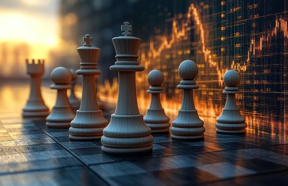 Drevené šachové figúrky zoradené na šachovnici pred svietiacim grafom finančného trhu s prudkými výkyvmi, symbolizujúce strategické rozhodovanie v investovaní