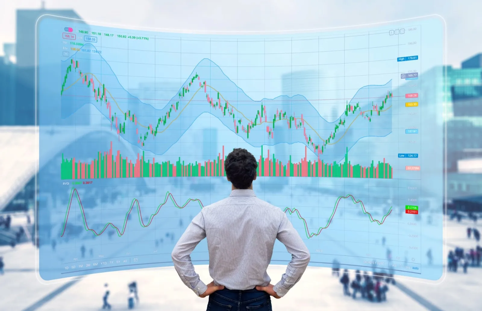 Muž sledujúci priehľadnú obrazovku s grafmi akciového trhu