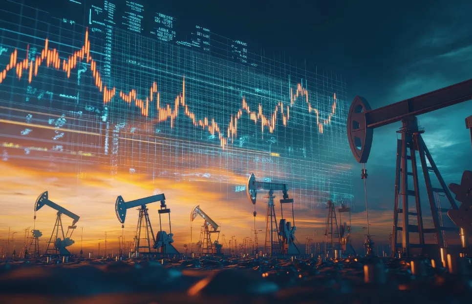 Ropné ťažobné veže na ropnom poli pri západe slnka, nad ktorými je prekrytý digitálny graf.