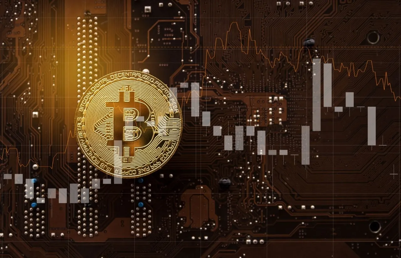 Zlatá Bitcoin minca na doske s elektronickými obvodmi a sviecovým grafom v pozadí — symbol kryptotrhu a obchodovania