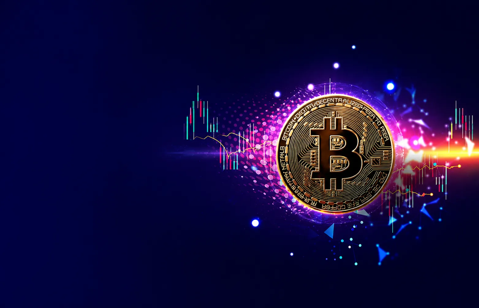 Zlatá minca Bitcoin na pozadí burzových grafov a digitálnych dátových vĺn v modro-fialovom prostredí