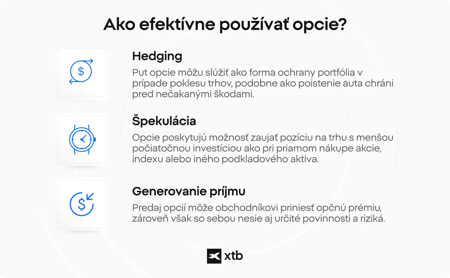 Infografika XTB: Ako efektívne používať opcie? Tri hlavné spôsoby — Hedging (put opcie ako ochrana portfólia pred poklesom), Špekulácia (zaujatie pozície s nižšou počiatočnou investíciou), Generovanie príjmu (predaj opcií prináša opčnú prémiu, ale nesie povinnosti a riziká).